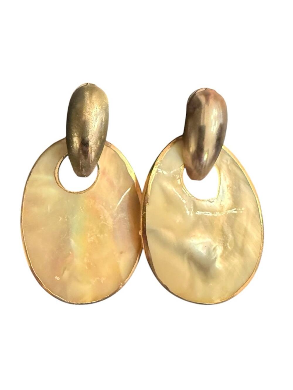 Mother of Pearl Disc Dangly Statement Earrings Champagne Gold Costume Jewelry
